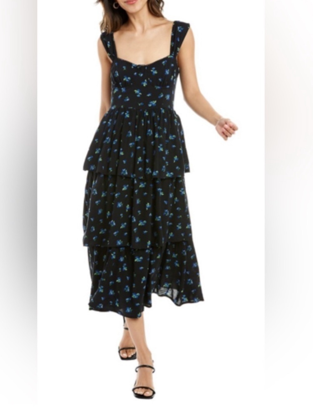 WeWoreWhat Black Midi Dress with Blue Floral Print